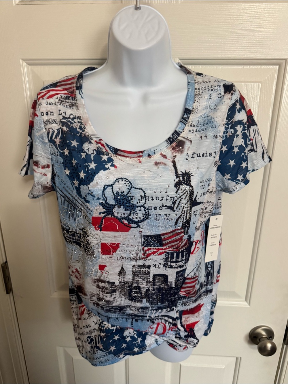 Patriotic Graphic Scoop Neck Women’s Top - Red, White & Blue Small 4th of July